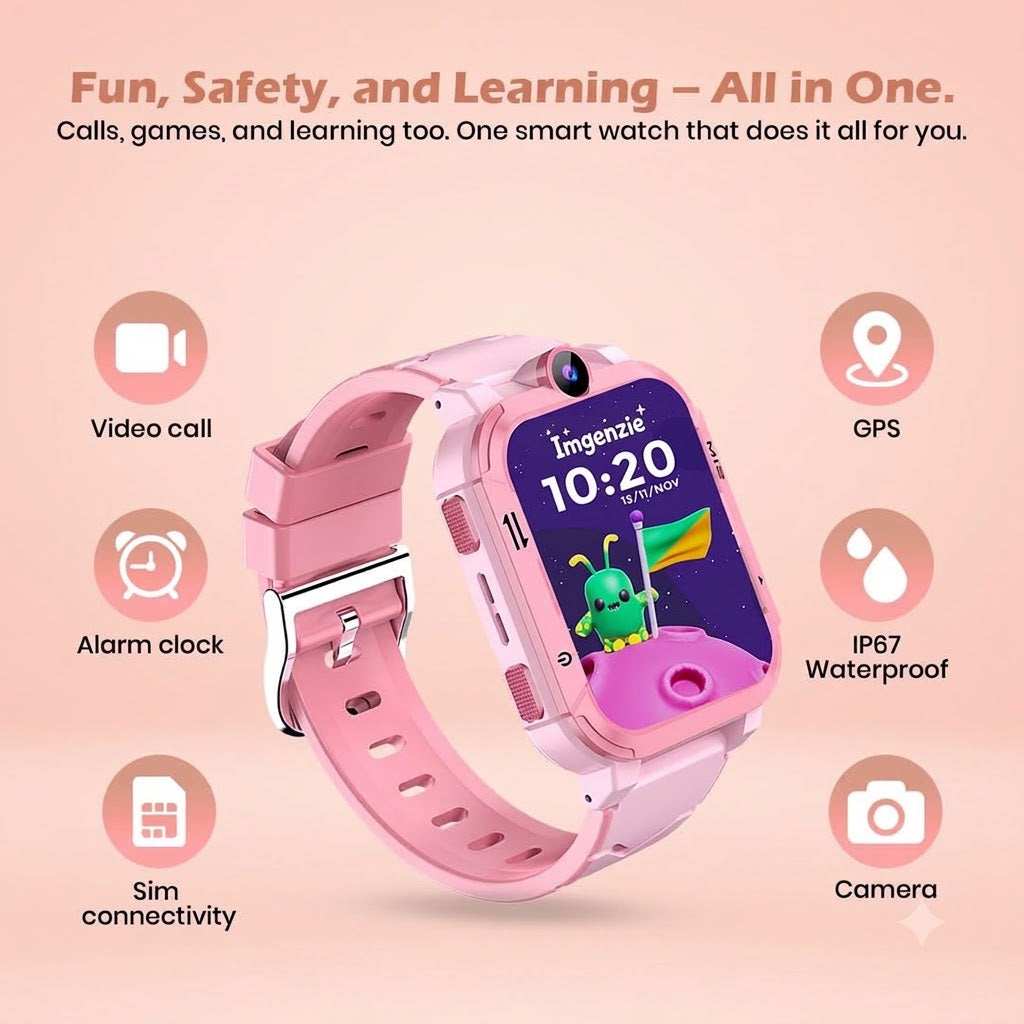 Safeguard Kids Smart Watch 5G/4G with SIM Calling, GPS Tracker, Video Calling, SOS Alerts, Face Unlock, Voice Chat, Games, IP67 Waterproof, 800mAh Battery